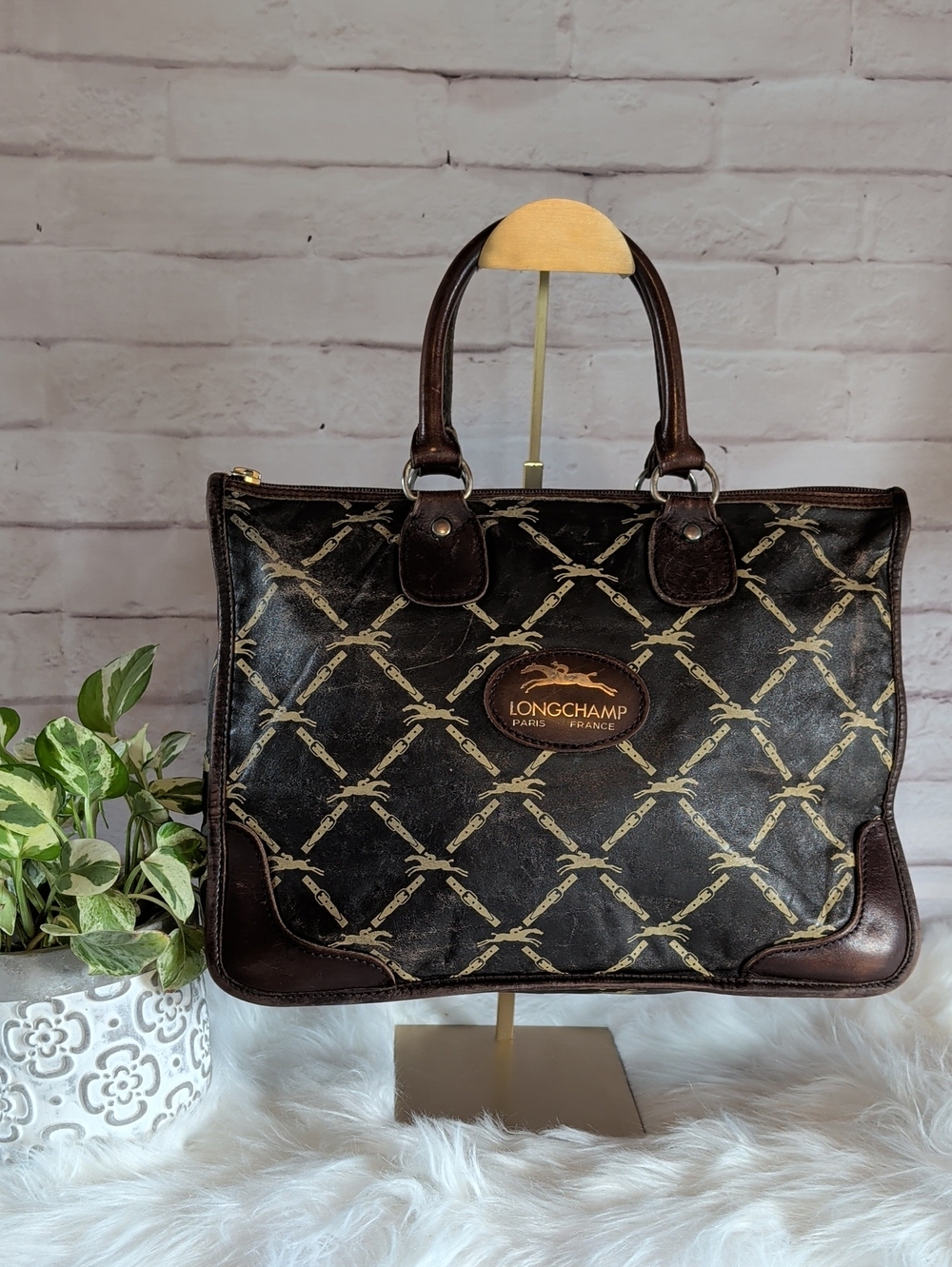 COA Longchamp Brown Patterned Leather Tote Bag